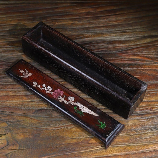 Vintage Chinese Rosewood Slide Box With Mother of Pearl Inlay, Plum Blossom & Bird Motif For Sale In Los Angeles - Image 6 of 9