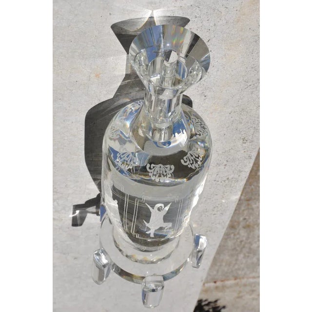 Hollywood Regency Pair of Large and Heavy Italian Solid Clear Crystal Candlesticks With Etched Art For Sale - Image 3 of 13