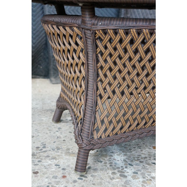 Lloyd Flanders Oval Wicker Coffee Table Two Tone Patio Table With Glass Top Boho For Sale - Image 9 of 18