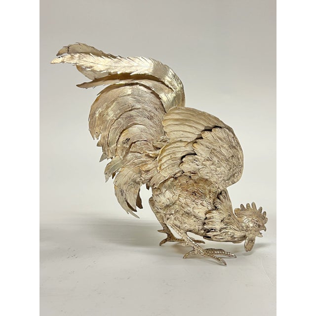 Metal Pair Antique Silver Cockerel Rooster Figurines / Sculptures For Sale - Image 7 of 18