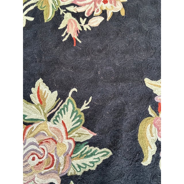 Hand Knotted Area Rug With Soft Pink & Green Flowers Against Black For Sale - Image 9 of 13