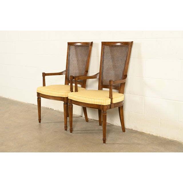 French Henredon French Regency Louis XVI Carved Walnut Cane Back Armchairs, Pair For Sale - Image 3 of 16