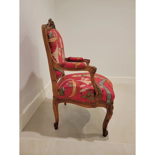 Louis XV Style Open Armchair in Scenic Red Chinese Print For Sale - Image 4 of 10