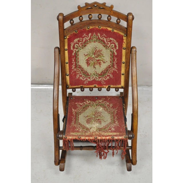 19th Century 19th Century Antique Eastlake Victorian Walnut Small Child's Folding Rocking Chair For Sale - Image 5 of 10