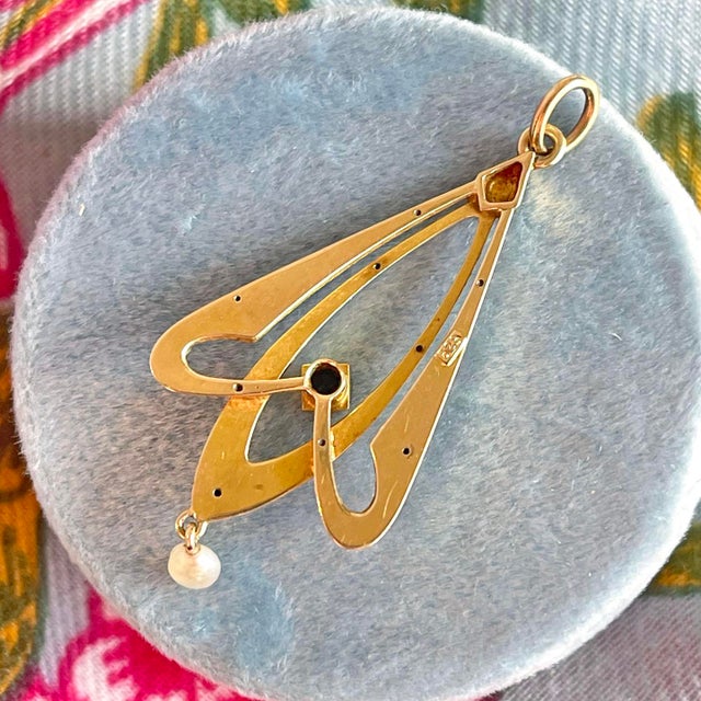 Antique Art Nouveau Pendant, Sapphire & Pearl Drop , C. 1910 For Sale - Image 4 of 8