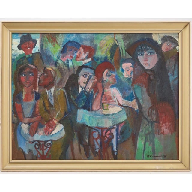 Bruno Krauskopf (Germany, 1892-1960) Outdoor Restaurant Bar Cafe Scene Oil on canvas Dimensions: Frame: H 34 in W 44 in....
