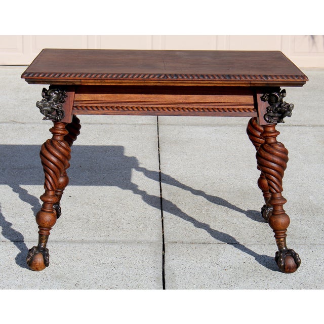 Late 19th Century Antique Renaissance Revival Carved Oak Writing Table / Desk With Bronze Dragons & Clawed Feet For Sale - Image 5 of 18