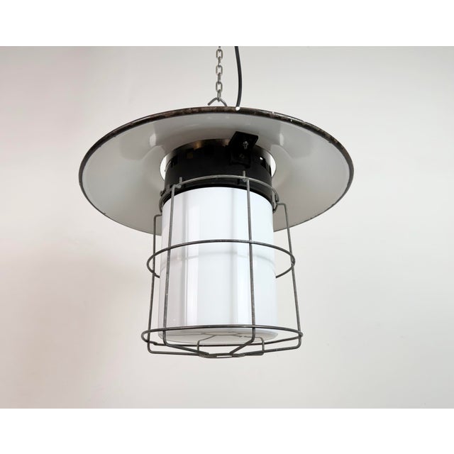 Industrial Grey Enamel, Glass, and Iron Cage Pendant Lamp from Elektrosvit, 1960s For Sale - Image 6 of 16