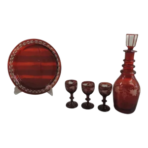 Vintage Set of Decanter With Cups and Tray Includes - 5 Pieces
