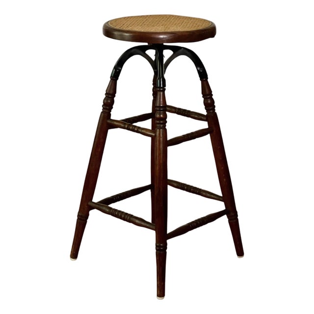 Antique Industrial Oak and Iron Drafting, Architect Swivel Stool With Cane Seat, Circa 1900 For Sale