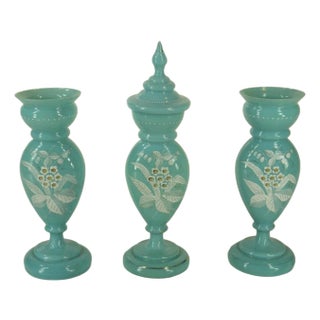 Mid 19th Century Vases Victorian Mantel 3-Pc. Set Bristol Glass Blue Opalescent Hand-Painted Floral Enamel For Sale