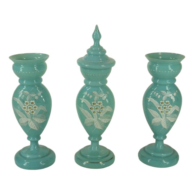 Mid 19th Century Vases Victorian Mantel 3-Pc. Set Bristol Glass Blue Opalescent Hand-Painted Floral Enamel For Sale