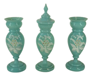 Mid 19th Century Vases Victorian Mantel 3-Pc. Set Bristol Glass Blue Opalescent Hand-Painted Floral Enamel