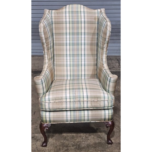 Queen Anne Late 20th Century Southwood Mahogany Queen Anne Style Wing Chair Plaid Fabric Trifold Feet For Sale - Image 3 of 8