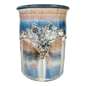 Hand Thrown Studio Art Vase Signed Drip Glaze Grapes Vines Motif Pottery Stoneware