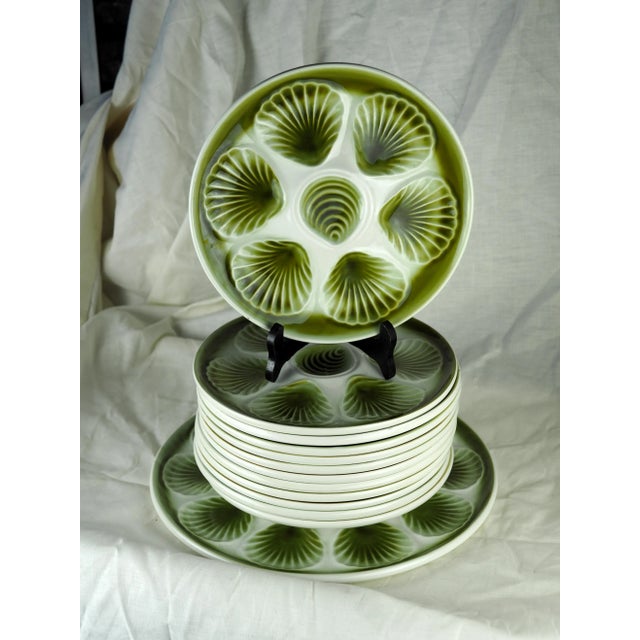 Mid-Century French Orchies Green Pastel Majolica Oyster Dishes and Plates - Set of 13 For Sale - Image 10 of 11