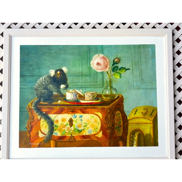 Charming and highly decorative giclée print on canvas after "A Marmoset Taking Sweets on a Painted Commode" by French...
