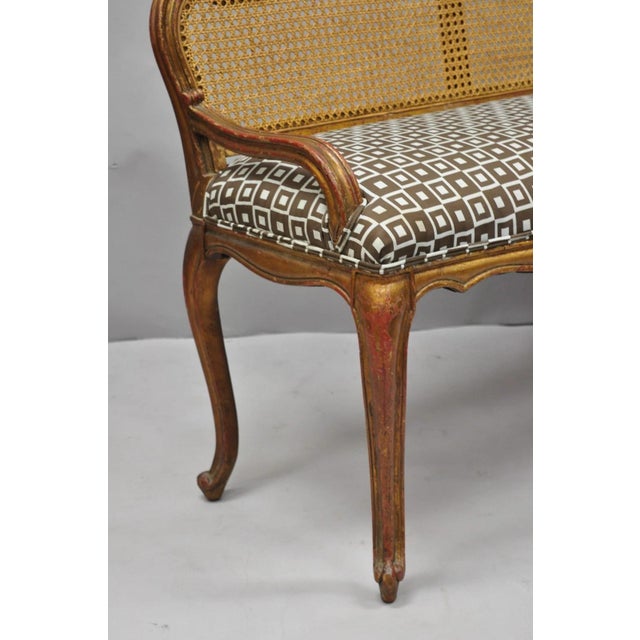 Vintage French Louis XV Style Distressed Gold Gilt Cane Back Vanity Bench Seat For Sale - Image 11 of 18