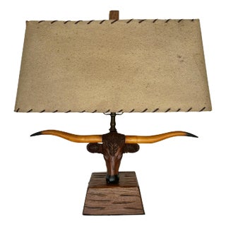 1950s Vintage A. Brandt Ranch Oak Longhorn Steer Table Lamp For Sale