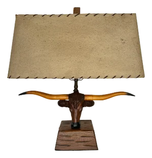 1950s Vintage A. Brandt Ranch Oak Longhorn Steer Table Lamp