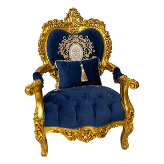 Rococo Blue Velvet Armchair – Tufted Accent Chair With Ornate Gold Leaf Frame For Sale