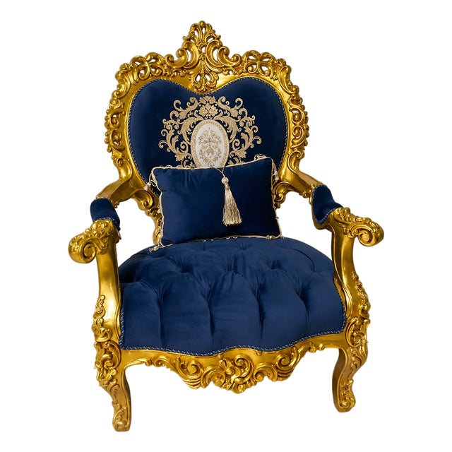 Rococo Blue Velvet Armchair – Tufted Accent Chair With Ornate Gold Leaf Frame For Sale