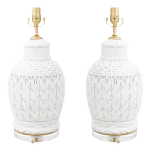Pair of 1970's Faux Rattan Pottery Lamps on Acrylic Base