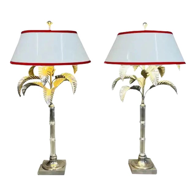 Pair of Elegant Hollywood Regency Glass Bamboo & Palm Lamps by Chapman For Sale