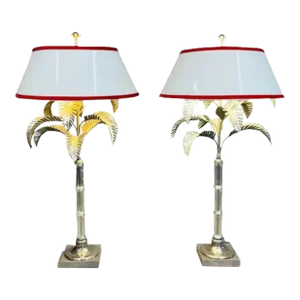 Pair of Elegant Hollywood Regency Glass Bamboo & Palm Lamps by Chapman