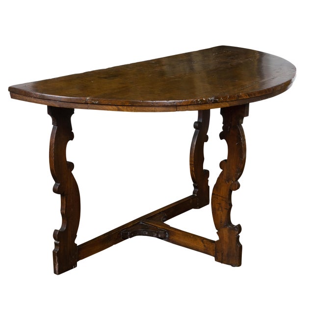 Wood Large Italian Baroque Style 18th Century Walnut Demilune Table with Carved Legs For Sale - Image 7 of 12