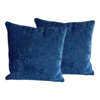 Early 21st Century Blue Alligator Scale Velvet Pillows- a Pair For Sale