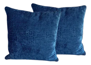 Early 21st Century Blue Alligator Scale Velvet Pillows- a Pair