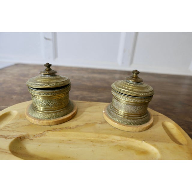 Light Yellow French Brass and Marble Desk Inkwell Stand, Set of 6 For Sale - Image 8 of 8