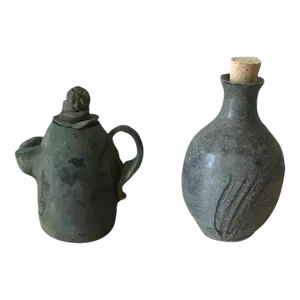 Vintage Mid-Century Modern Studio Pottery Tea Pot & Jar with Cork Stoppers - Set of 2