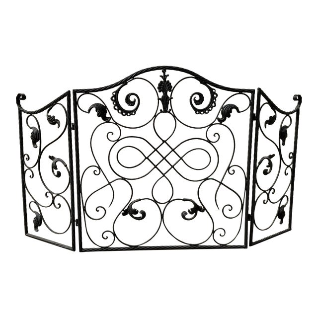 Vintage Three Panel Black Fireplace Screen Black Iron and Scrolled For Sale