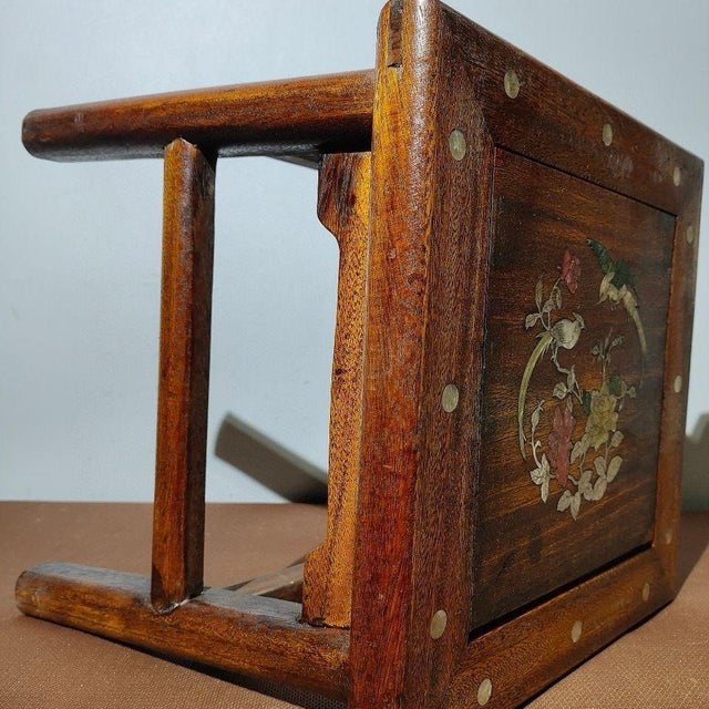 Amber Pair of Vintage Chinese Hardwood Inlaid Mother-of-Pearl Bird & Flower Stools - 11.35 LBS For Sale - Image 8 of 9