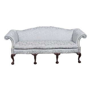 Late 20th Century Baker Chippendale Mahogany Camel Back Sofa Claws & Ball Feet Blue Damask Fabric For Sale