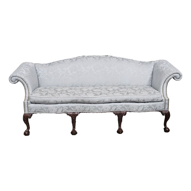Late 20th Century Baker Chippendale Mahogany Camel Back Sofa Claws & Ball Feet Blue Damask Fabric For Sale
