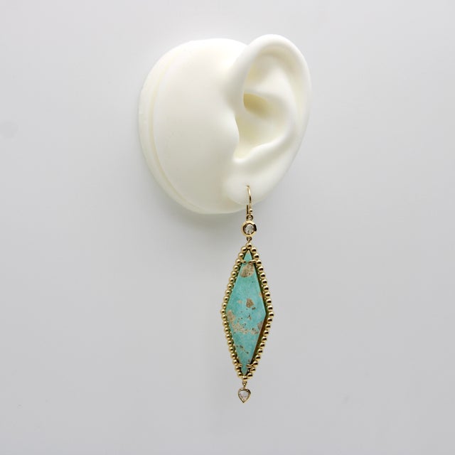 Gemstone 14k Gold Turquoise and Rose Cut Diamond Dangle Earrings, Pair For Sale - Image 7 of 9