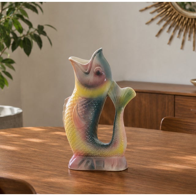 Large antique zoomorphic earthenware vase, signed KG Lunéville (Keller & Guérin), depicting a slender fish, likely a koi...