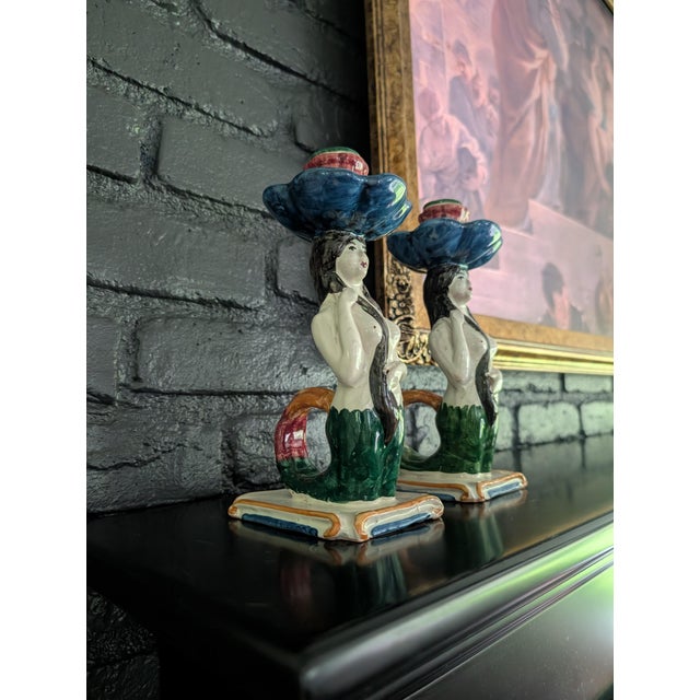 Pair of Contemporary Les Ottomans Hand-Painted Ceramic Mermaid Candlesticks For Sale In New York - Image 6 of 8