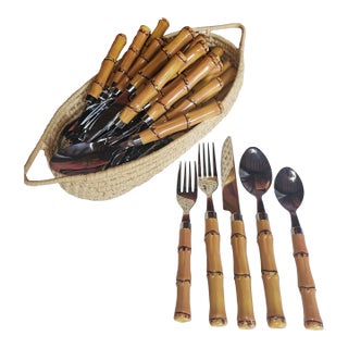 Chic and Stylish Faux Bamboo Resin and Stainless Flatware 40 Pieces - Service for 8 For Sale