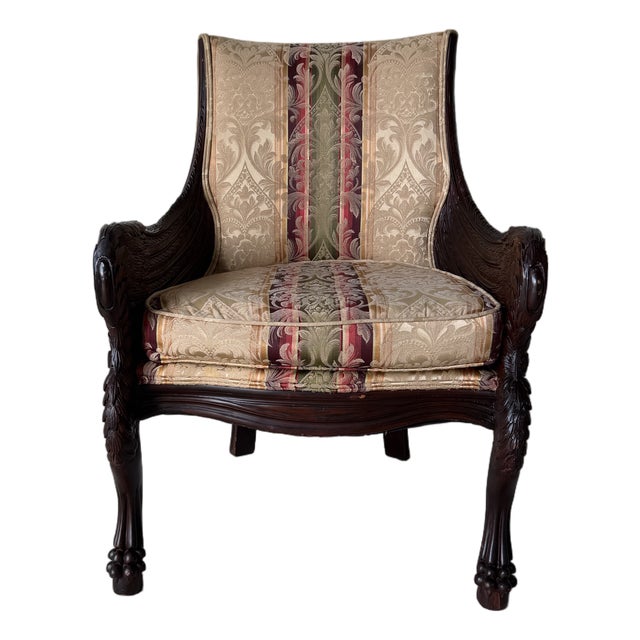 Vintage French Empire / Renaissance Revival Style Hand-Carved Mahogany Swan Armchair For Sale