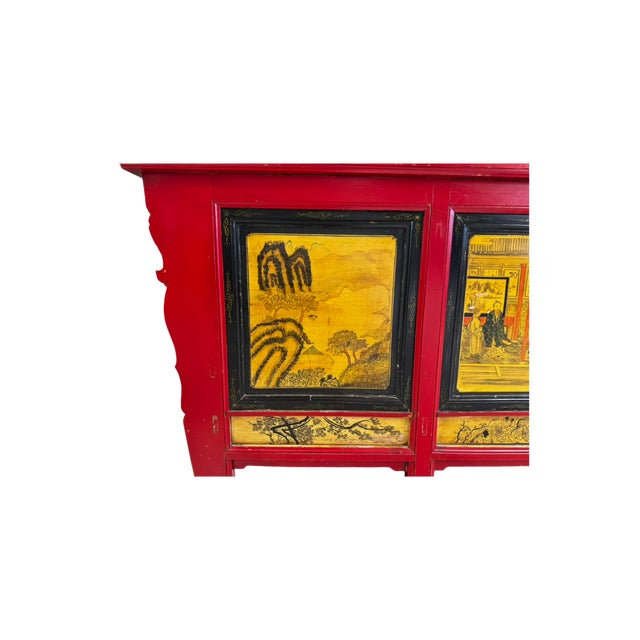 Late 19th Century Hand Painted Converted Desk Red Gansu Sideboard Cabinet Grain Bin For Sale In San Diego - Image 6 of 12