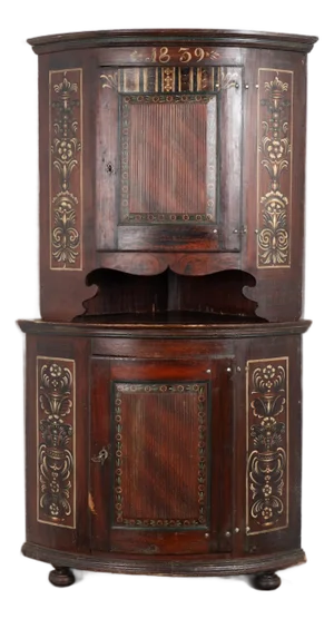Original Brown Painted Swedish Pine Corner Cabinet Cupboard Dated 1839