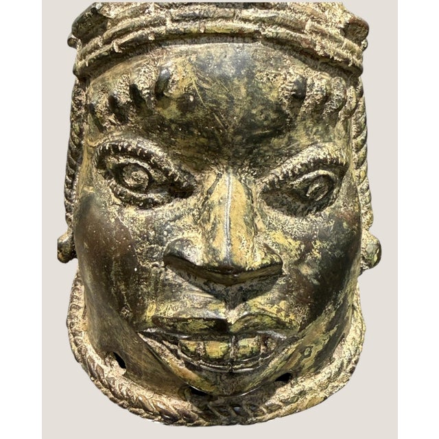 Vintage African Benin Edo Style Cast Brass Bronze Ceremonial Head Sculpture 7.5" For Sale - Image 13 of 15