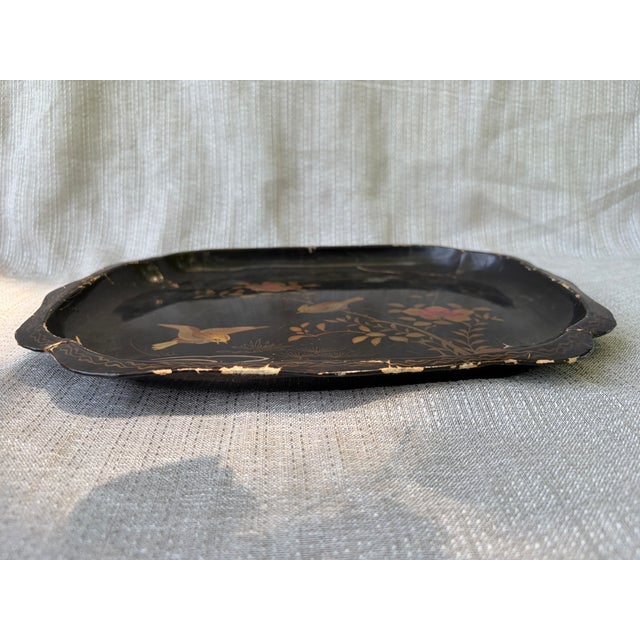 Vintage Black Lacquer Chinoiserie Bird Tray For Sale In New York - Image 6 of 15