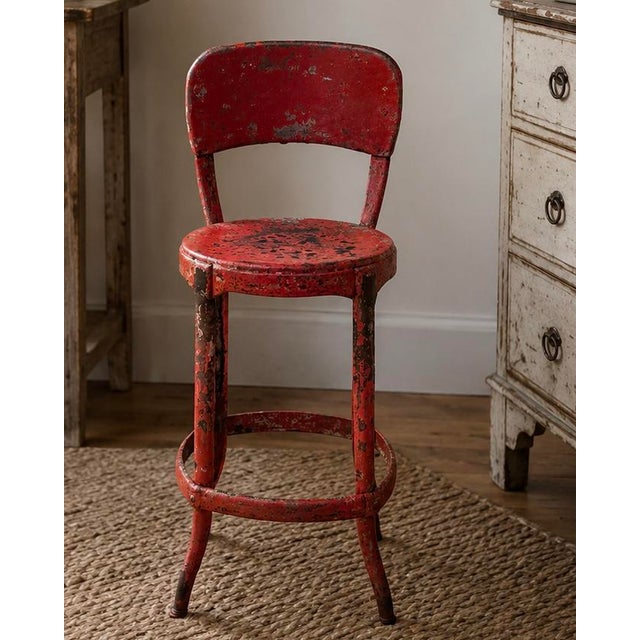 Metal 1940s Vintage Industrial Distressed Red Metal Machinist Counter Stool For Sale - Image 7 of 10