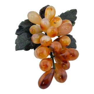 Mid-Century Chinese Carnelian & Jade Grape Cluster, 7" Gemstone Fruit Decoration For Sale