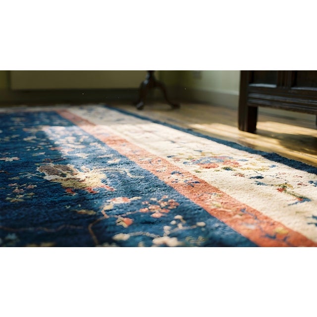 Navy Blue 1920s Blue Floral Modern Antique Chinese Art Deco Rug 14' X 23' Handknotted Wool Carpet For Sale - Image 8 of 9